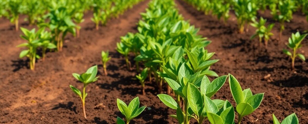 Young Hass avocado seedlings growing in rich volcanic soil under a clear blue sky in a vibrant orchard, symbolizing quality and sustainable farming.