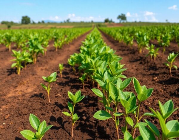 Young Hass avocado seedlings growing in rich volcanic soil under a clear blue sky in a vibrant orchard, symbolizing quality and sustainable farming.